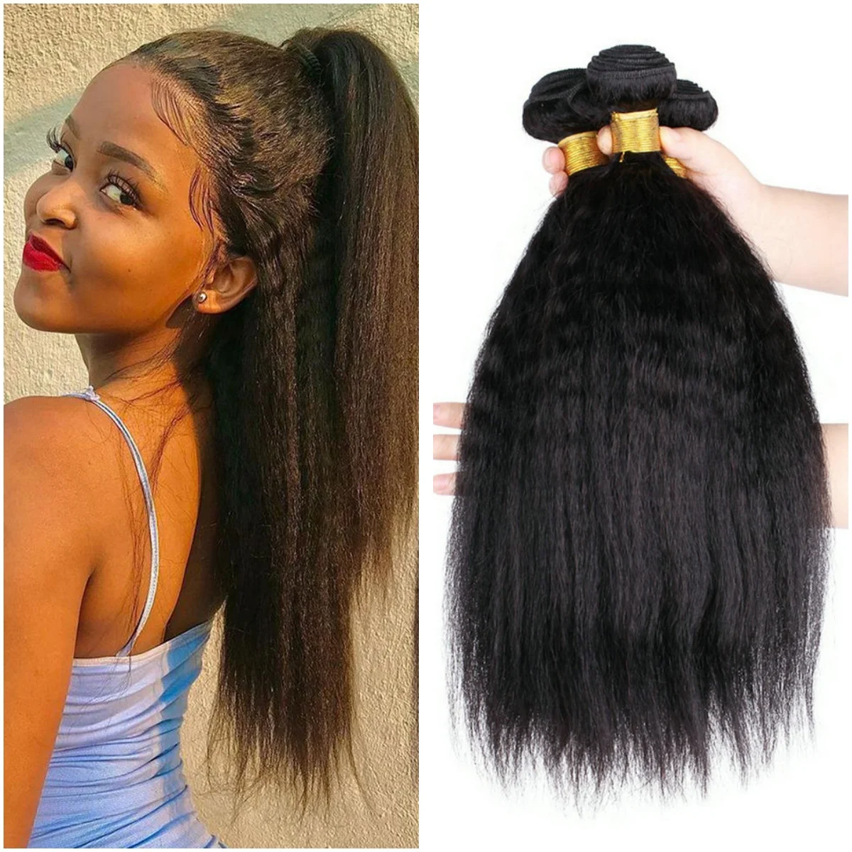 Malaysia Hair Kinky Straight Bundles For Women 100% Curly Hair Weave Extensions 1/3 Pieces Deal Yaki Straight Human Bundles