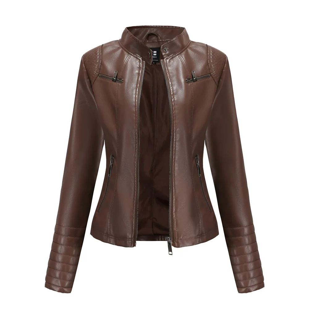 Faux Leather Women Coat Pu Coats Thin Jacket Full Sleeve Stand Collar Slim Fit Solid Sexy Regular Jackets Zipper Casual Splice