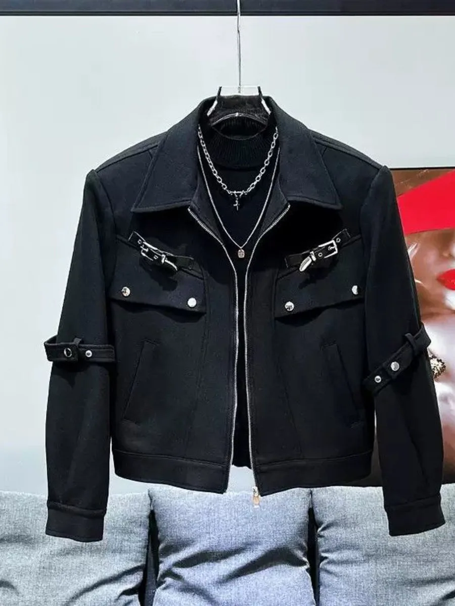 سترة رجالية ريترو أفانت جارد قصيرة بسحاب مع وسادات كتف مفككة معطف ملابس الشارع الشهير للنمط الحضري البارد