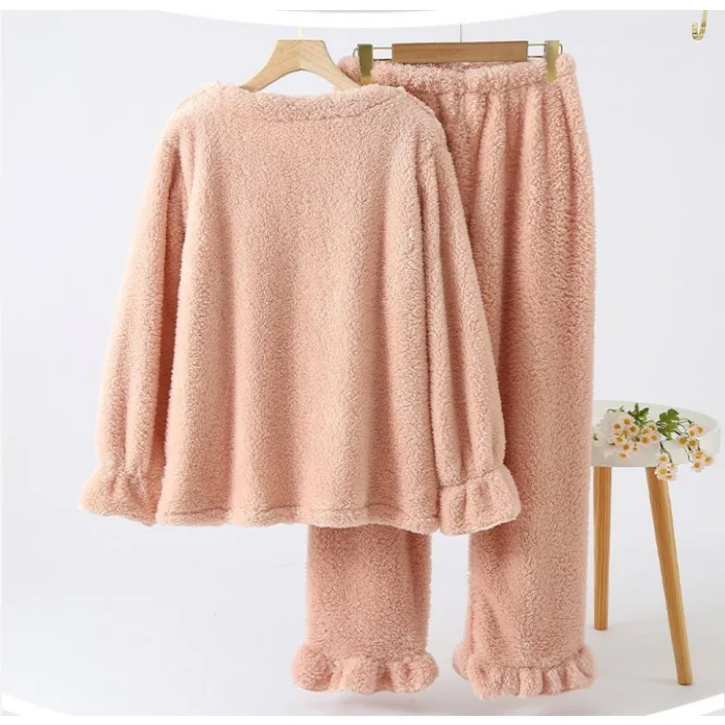 2024 New Sweet Coral Velvet Pajama Women Autumn Winter Plush Warm Cardigan Loungewear Milk Velvet Flannel Outerwear Homewear Set
