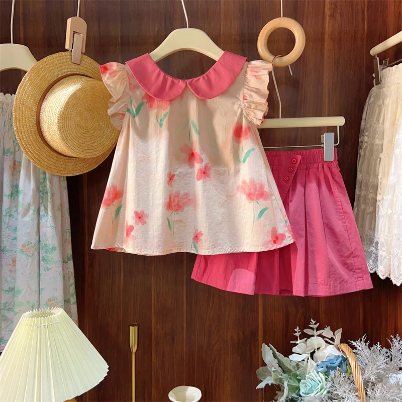 

Женский летний комплект из 2 предметов, блузка с цветочным принтом и рукавами-фонариками + однотонные широкие шорты с эластичным поясом