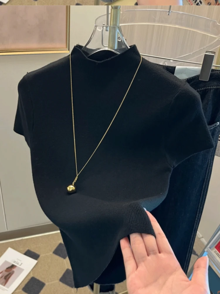 2025 Summer Sexy Women Basic Knitted Turtleneck Short Sleeve T-shirt Ladies Slim Elasticity Cotton Tops Streetwear Basics Tees Best Sellers In Women's Clothing