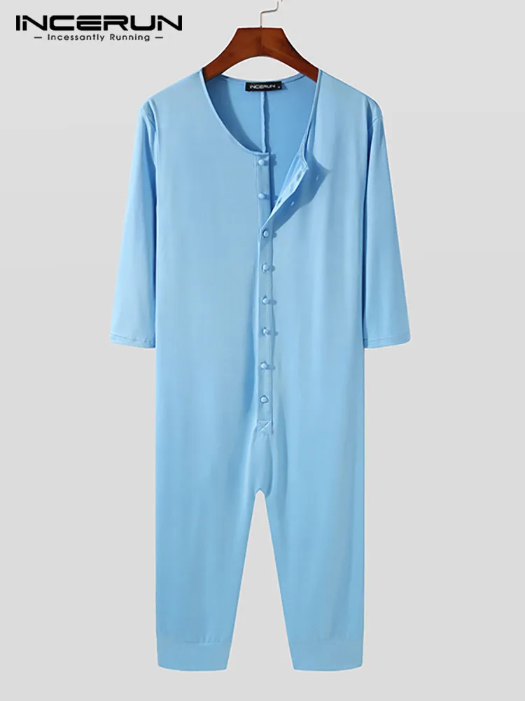 

INCERUN Men Pajamas Jumpsuits Solid Color O-neck Half Sleeve Button Casual Cozy Calf Length Rompers Men Sleepwear Homewear 2023