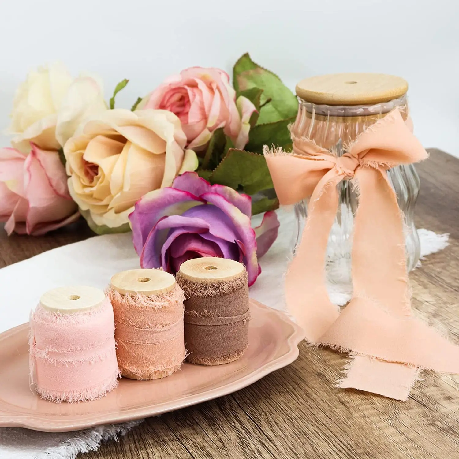 4CM*5M Handmade Frayed Edged satin ribbons For Wedding Invitation Wrapping Bouquets Birthday Party Decor Gifts 1