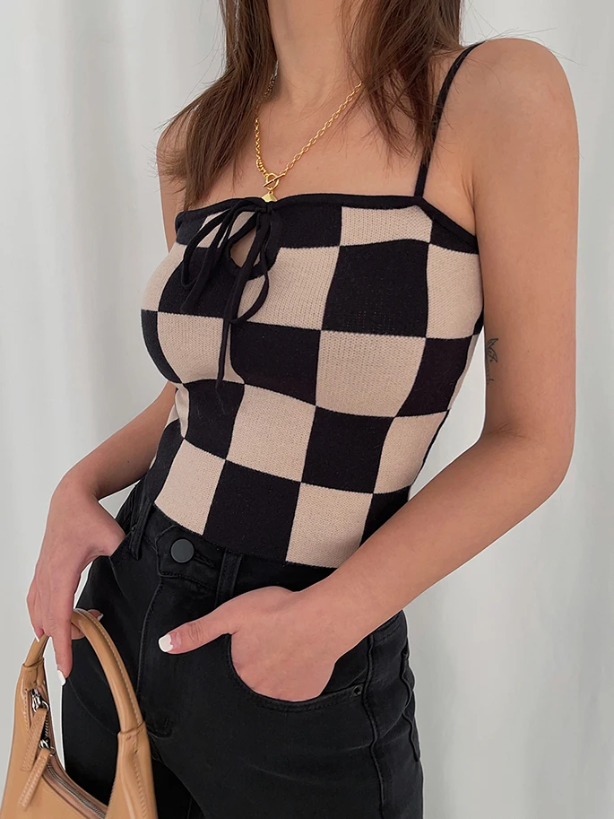 gym bra Yedinas Knitted Checkerboard Crop Top Women Camis Corset Top Cropped Feminino Sexy Skinny Sleeveless Streetwear 2022 Summer sleep camisole