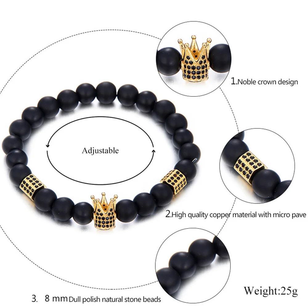 

Natural High grade Frosted Black Agate Zircon Crown Bracelet Fashion Bangle Trend Jewelry Woven Handmade Unisex Adjustable