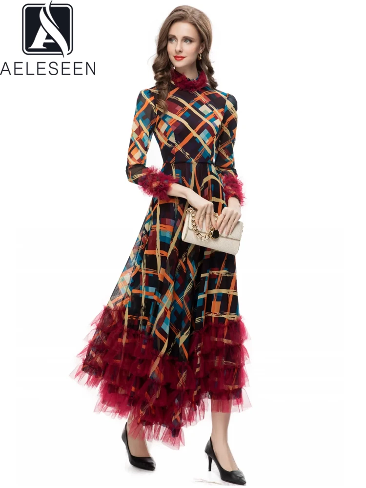 

AELESEEN Designer Fashion Irregular Dress Women Autumn Contrast Color Plaid Print Guaze Ruffles 3D Edible Tree Fungus Party