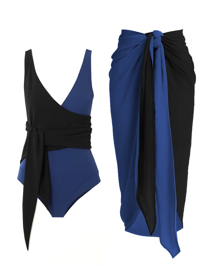 Blue And Black Color Sexy Women's Swimsuit Deep V Tie Tight Curved Triangle Bikini Cover Fashion Design French Resort Dress