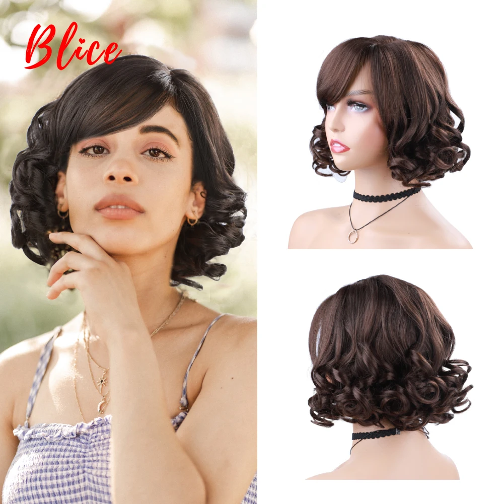 Blice Synthetic Dancing Bancy Curly Wigs Wavy Short Water Wave African Amerivan Russian Mixed Color 4/8 Brown Blonde