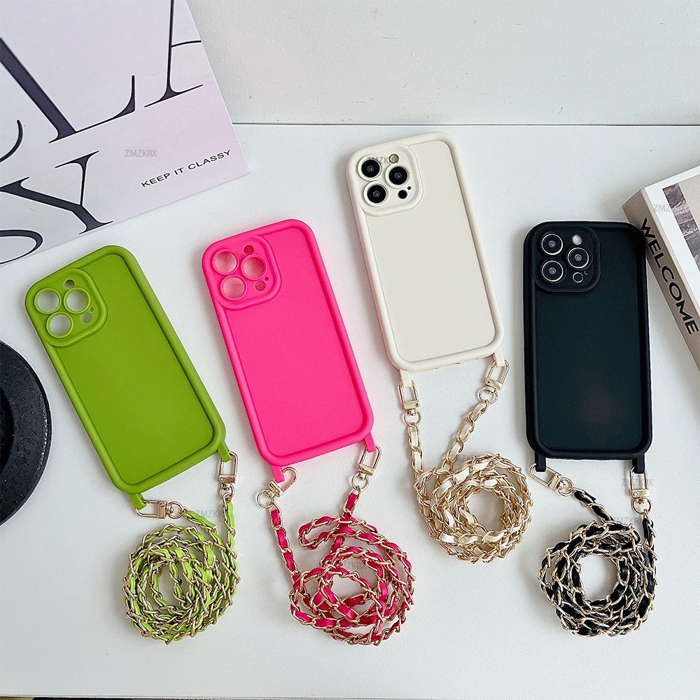 Elegant Crossbody Lanyard Necklace Leather Chain Silicone Phone Case Cover