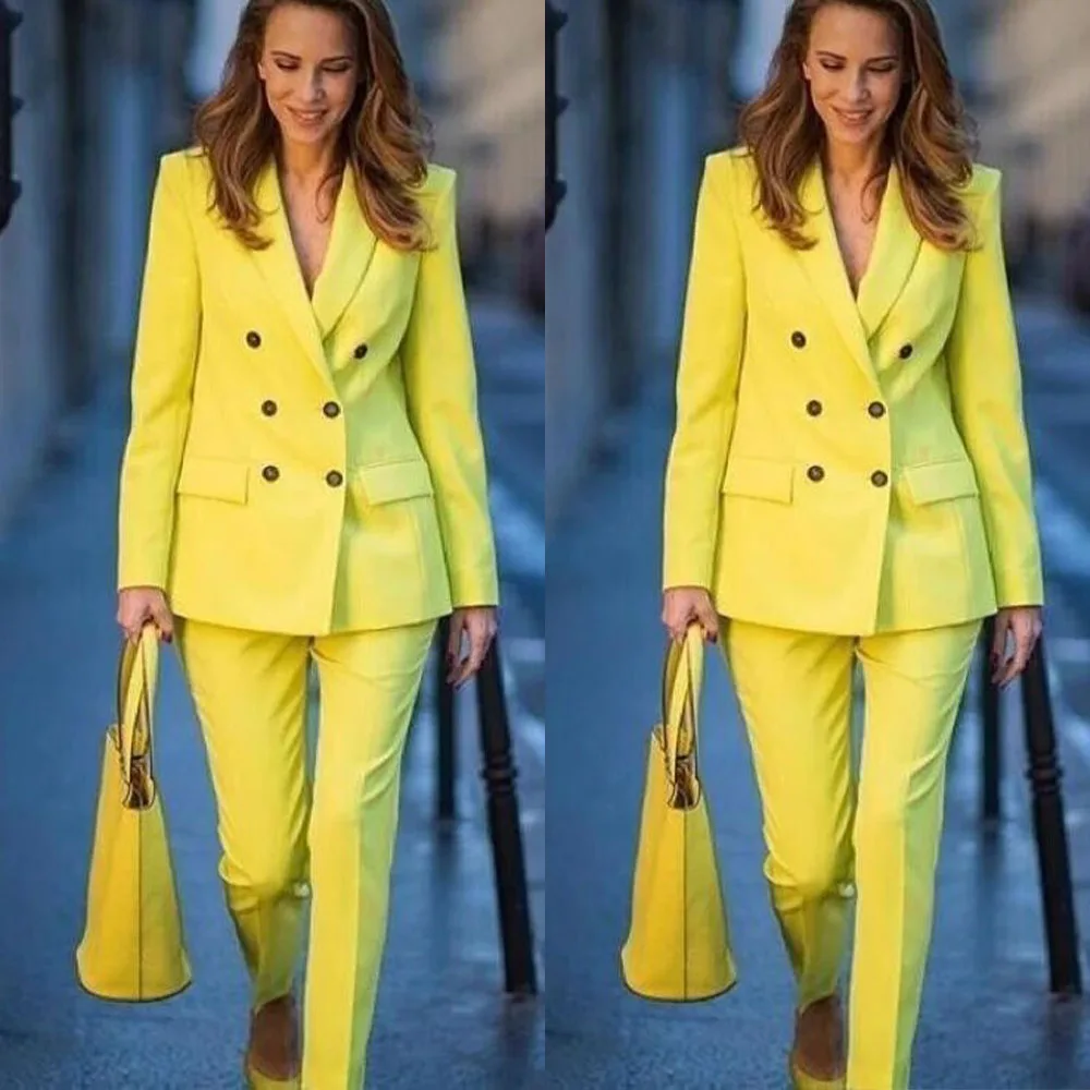 

Double Breasted Jacket with Pencil Pants for Women Simple Suit Sets Classic Style Slim Fitted Blazer Yellow Coat 2 Piece