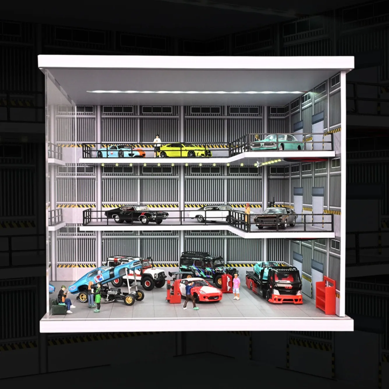 디오라마 1/64 차고 모형 LED 조명 모형 자동차 전시 3층 주차장 장면 쇼룸 전시 케이스 모형