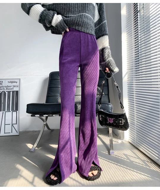 Plus Size Purple Wide Leg Stretch Velvet Trousers