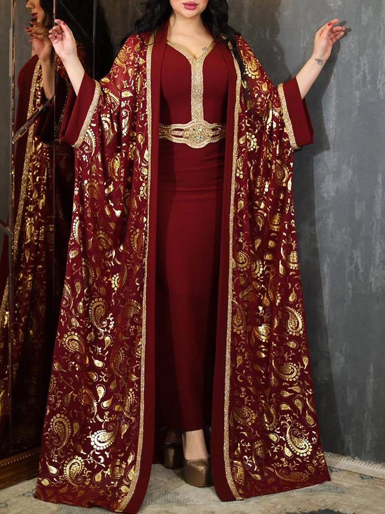 

Женское платье-кафтан с мусульманским принтом, комплект из 2 предметов, длинное женское платье, одежда для ислама, кимоно Djellaba