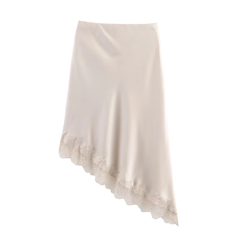 Women Chic Elegant Luxury Satin Lace Midi Skirt Asymmetry Long Skirt 2025 New Spring Autumn Fashion Party Mujer Skirt