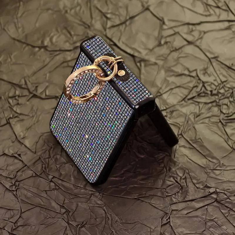 Sparkling Grid Pattern Phone Case with Fashion Faux Diamond Ring Buckle - Hard Shell Design