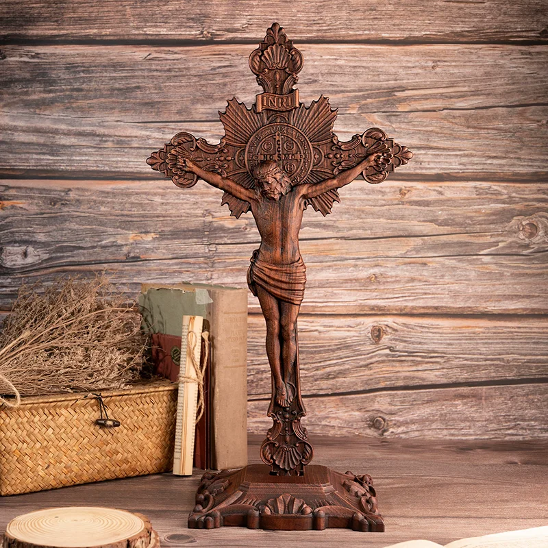 Handmade St. Benedict Wooden Cross Statue Religious Home Altar Decor with Base, Carved Catholic Christian Figurine,Blessing Gift