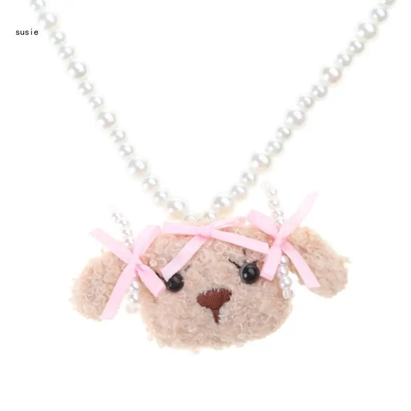 

X7YA Bowknot Cartoon Dog Pearl Necklace Trendy Beaded Sweater Chain Choker Fashion
