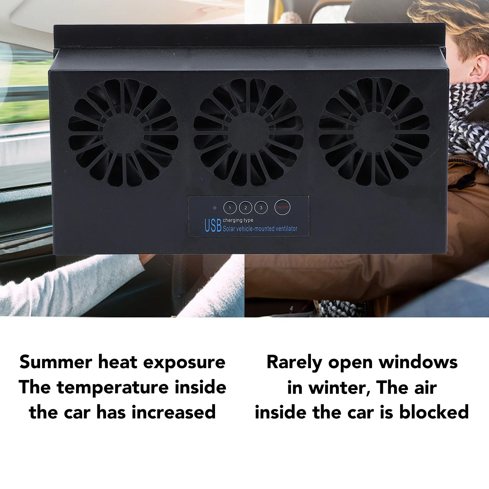 Solar Powered Car Exhaust Fan 3 Heads Odor Removal Multifunctional Air Purifier Cooling Fan for Home Automotive Office Black