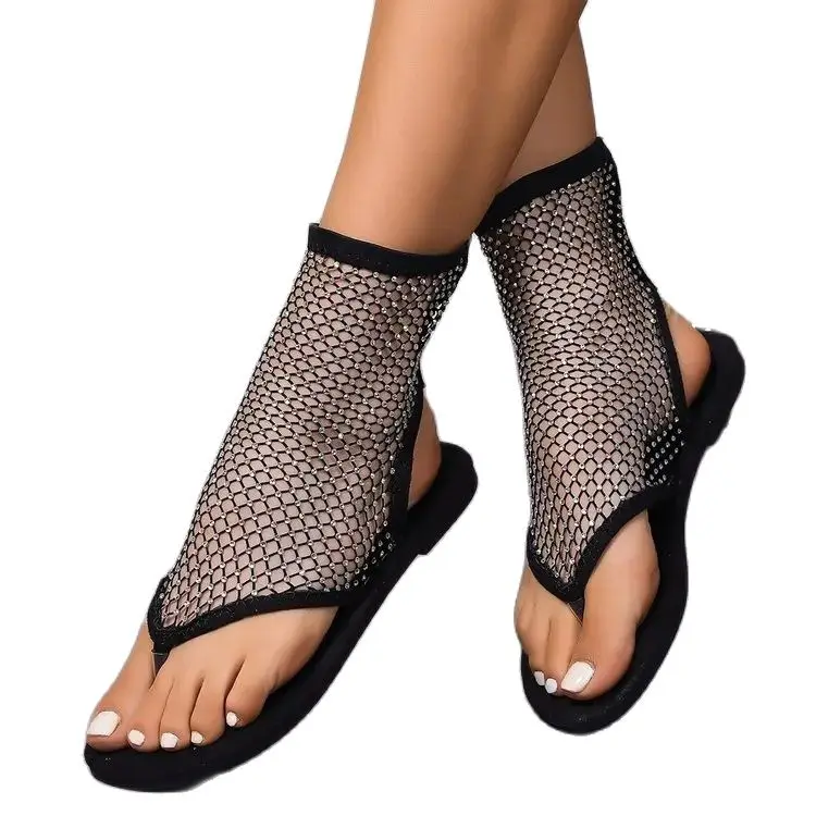Women's Round Toe Flat Bottom Sandals Hollow Short Water Diamond