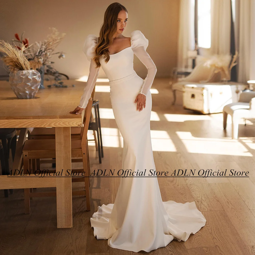 

Wedding Dress for Bride 2024 Puff Sleeves Square Neck Beading Belt Sweep Train Open Back Mermaid Bridal Gown Vestido De Noiva