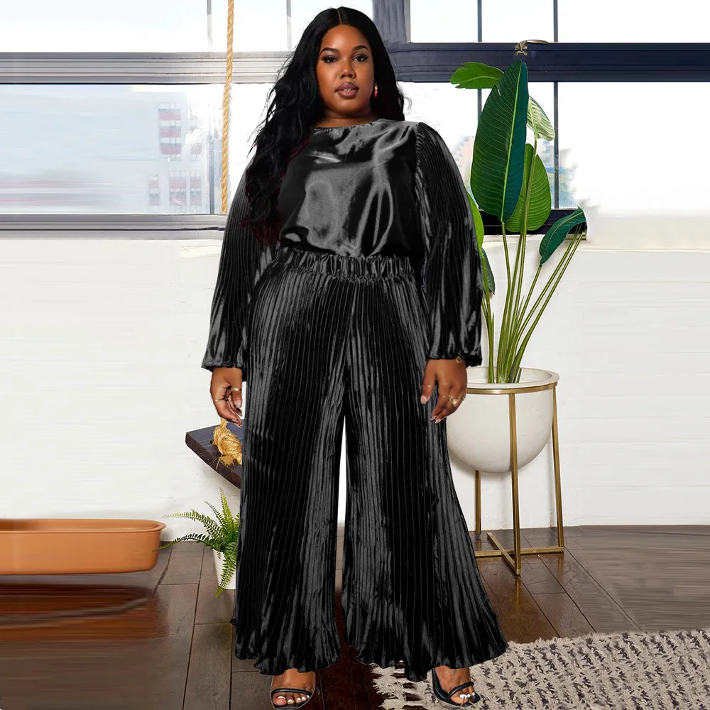 Plus Size Pleated Two Piece Pant Set Female Satin Crop Top Wide Leg Pant 2023 Autumn Winter Women Large Size Matching Sets