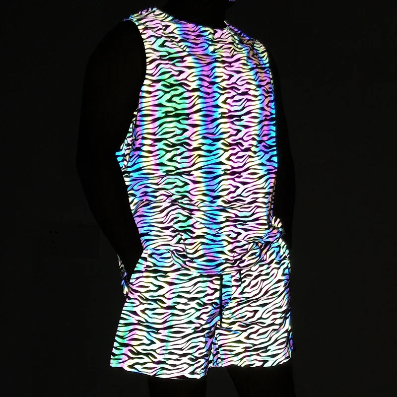 

Summer Men's Tracksuit Sets Colorful Reflective Tank Top Elasticity Breathable Sportswear Vests Light Reflection Jogging Shorts