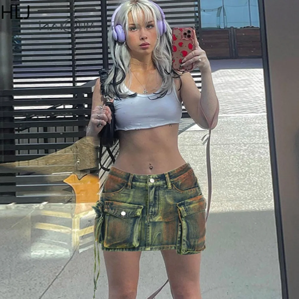 HLJ Fashion Y2K Streetwear Women High Waist Button Denim Skirts Casual Female Pocket Mini Skirts Female Vintage Cowboy Bottoms
