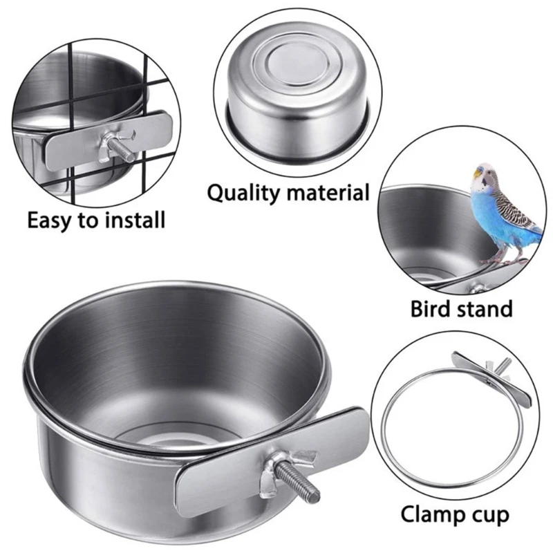Parrot Feeding Cups Bird Feeder Dish Removable Stainless Steel Food Bowls with Clamp Holder for Cage for Small Animals Bird Cage