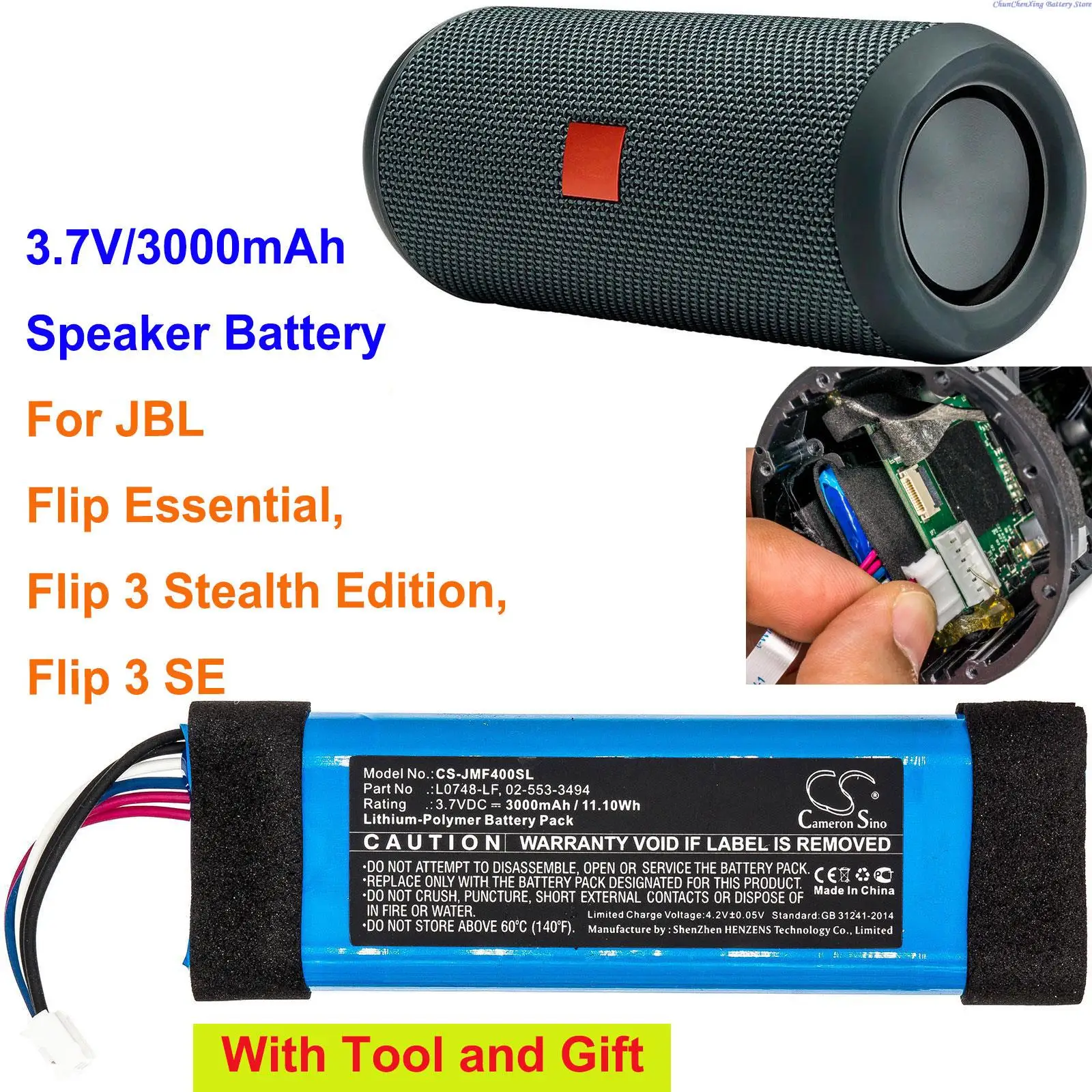 Batteria Per Altoparlanti Cameron Sino 3000Mah Per Jbl Flip Essential, Flip 3 Stealth Edition, Flip 3 Se