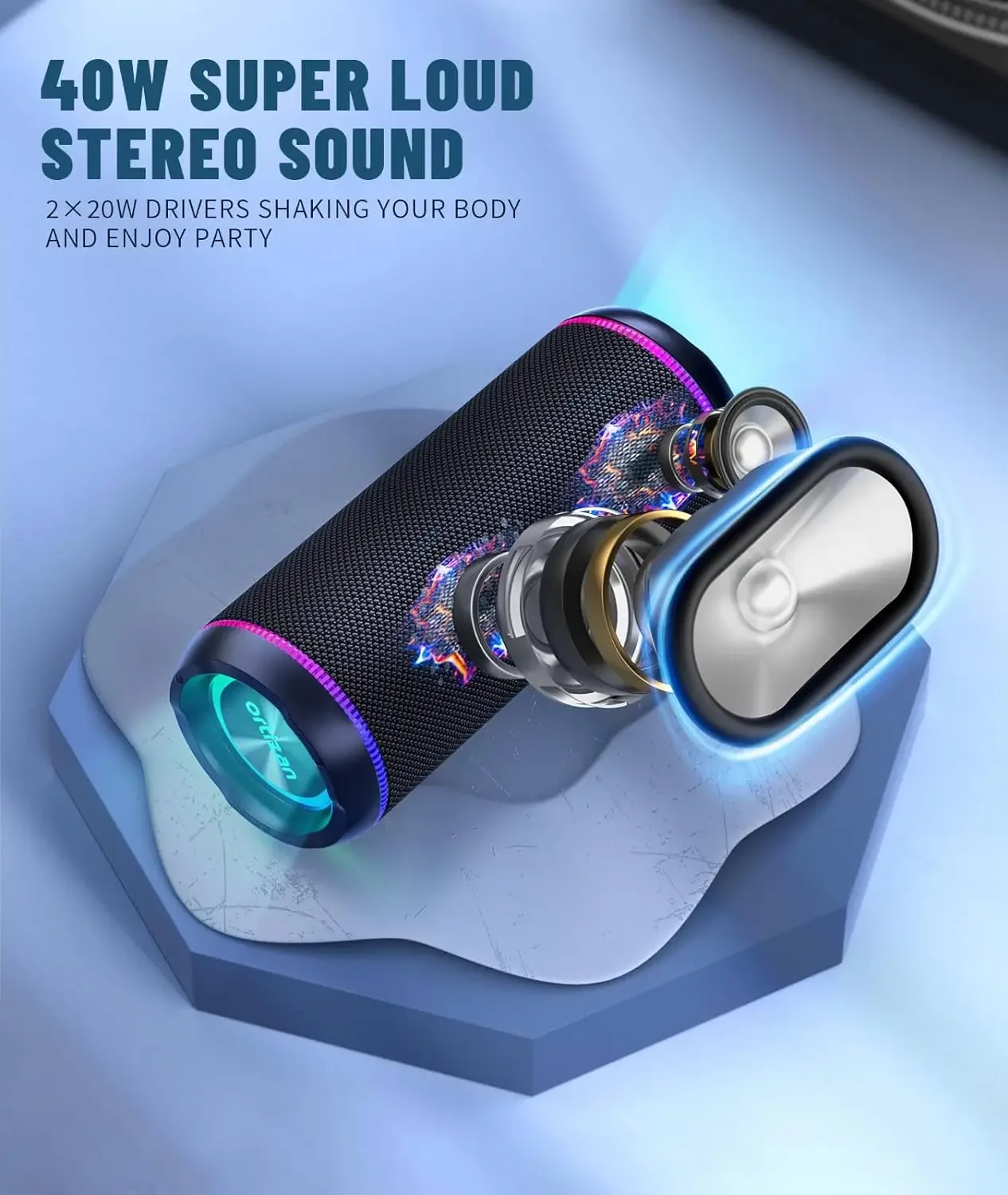 Ortizan Bluetooth Speaker X30, V5.3 Wireless IPX7 Waterproof Shower Speaker,40W HiFi Stereo Sound,TWS Pairing,30H Music Playtime 2