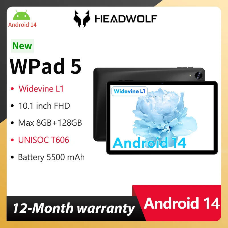 Headwolf WPad 5 안드로이드 14 태블릿 PC, 10.1 인치, 4 + 4GB RAM, 128GB ROM, 5500 mAh, 지지대 WideVine L1