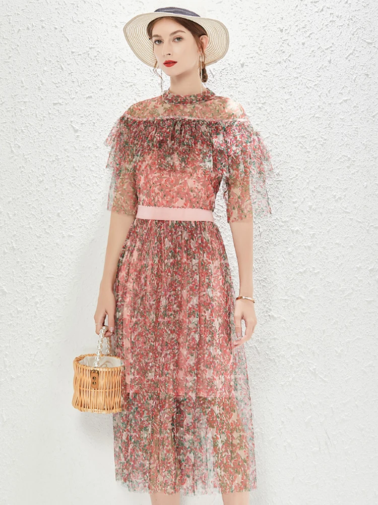 

The summer new women's wear elegant and elegant ruffian side flower ruffian side gauze set dress two-piece