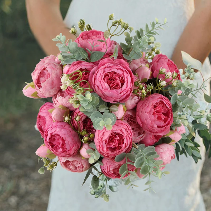 

4PCS Rose Pink Silk Bouquet Peony Artificial Flower 5 Big Head 4 Small Bud Bride Wedding Plantas Artificiales Para Decoracion