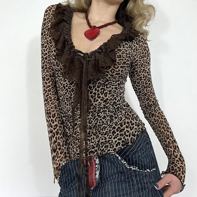 

HOUZHOU Leopard Lace Ruffled T-shirt Women Vintage Sexy Long Sleeve Tee Shirts Y2K Aesthetic Crop Top Female Pullover Clothing