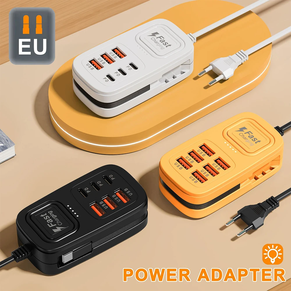Chargeur 6 ports avec câbles, station de charge de bureau, charge rapide, prise EU/UK/US, adaptateur HUB 6USB/3USB+3TypeC