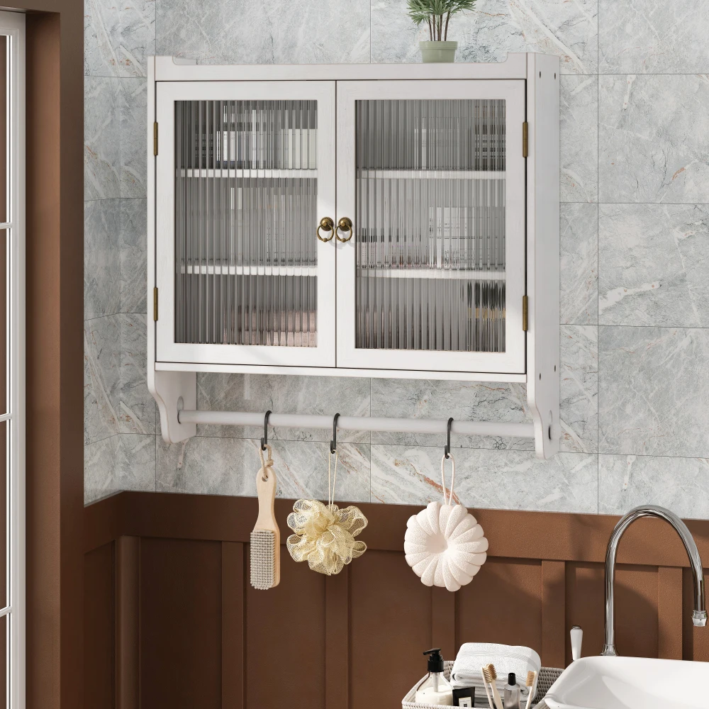 Vintage-Wandschrank mit Doppeltür und Glastür, dreistufiger Stauraum mit Handtuchhalter, für Badezimmer, Küche, Esszimmer – Detail 23