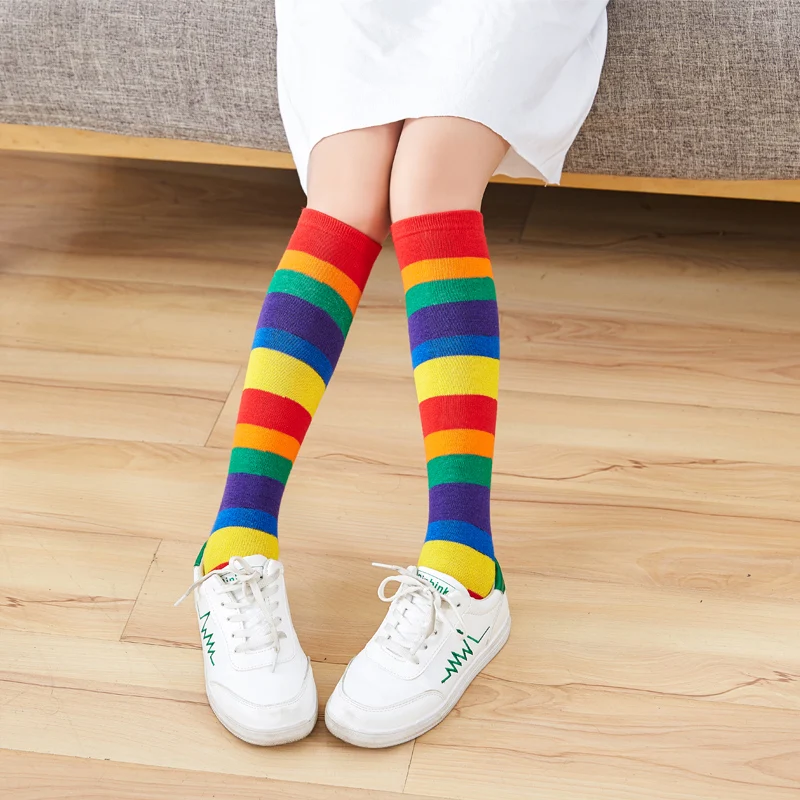 Girls Socks Mid-tube Autumn Children's Rainbow Socks Pile Color Striped Over The Knee