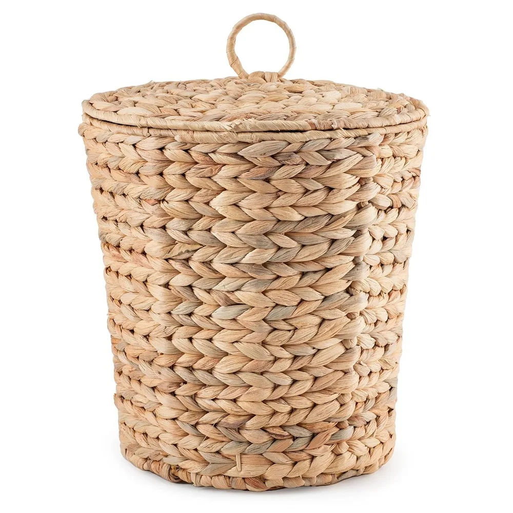 Wicker Trash Can with Lid in Bedroom, Bathroom - Trash Can in Office - Boho Woven Wicker Waste Basket - Office Garbage Cans for