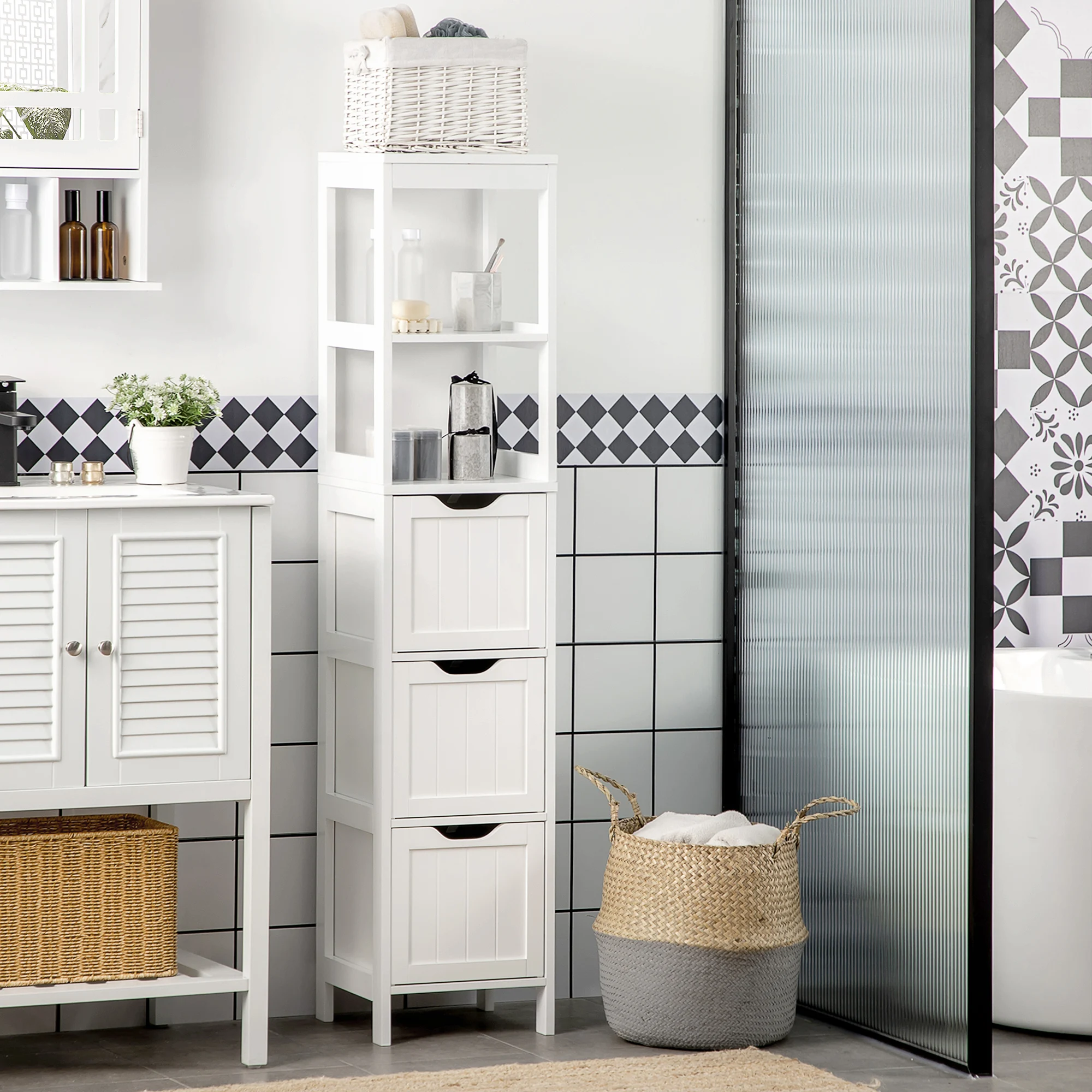 Kleankin Tall Bathroom Cabinet, Slim Bathroom Storage Cabinet, Narrow Floor Cabinet with 3 Drawers and 2 Open Shelves 2