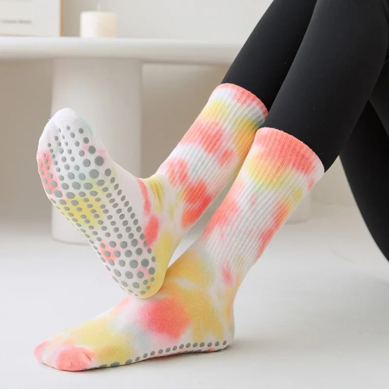 Fashion Tie-dye Cotton Breathable Non-slip Mid-calf Yoga Pilates Socks Indoor Dance Fitness Training Sports Socks Floor