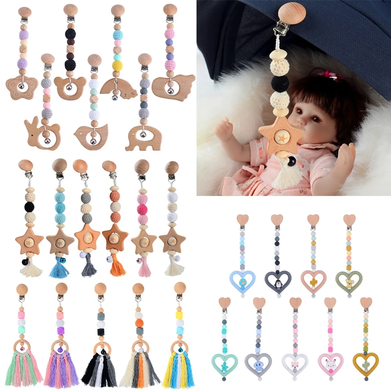 

Wooden Baby Pram Clip Toys Baby Gym Hanging Pendants Toys Baby Stroller Rattle Bed Bell Mobile Rattles Silicone Beads Teething
