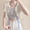 Summer Short Sleeve Sun Protection Coat Women Y2k E-Girl Hollow Out Knitted Cardigan 2025 New Lace Up Black Tops Mujer