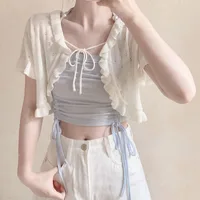 Summer Short Sleeve Sun Protection Coat Women Y2k E-Girl Hollow Out Knitted Cardigan 2025 New Lace Up Black Tops Mujer