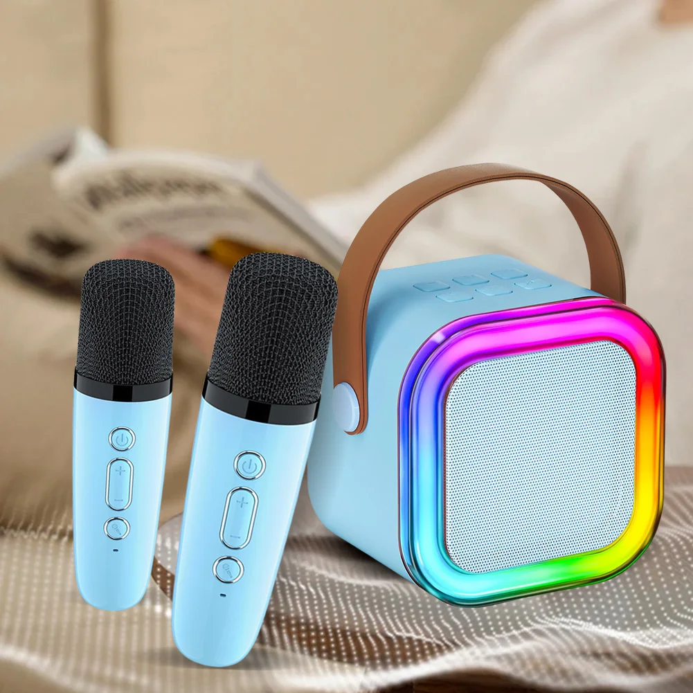 Bluetooth-Compatible 5.3 Karaoke Machine Toy with Wireless Mic Small Speaker Adjustable LED Lights for Home Karaoke
