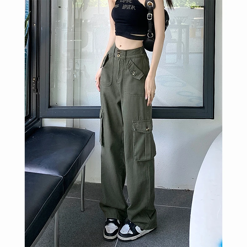 

Women's Spring Summer Cargo Pants Elastic Waist Multiple Pockets Solid Vintage Fashion Tooling Style Straight Wide Leg Trouser