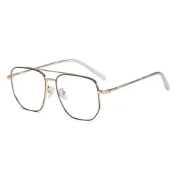 Sleek Blue Light Blocking Fashion Eyeglasses with Metal Double Bridge and Large Frame (Black Gold)