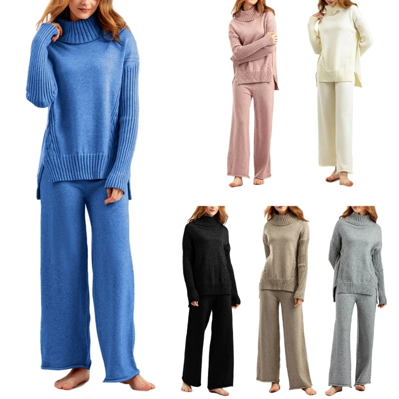 

Long Sleeve Pullover Tops and Ribbed Knit Wide Leg Pants Loungewear Sweater Set