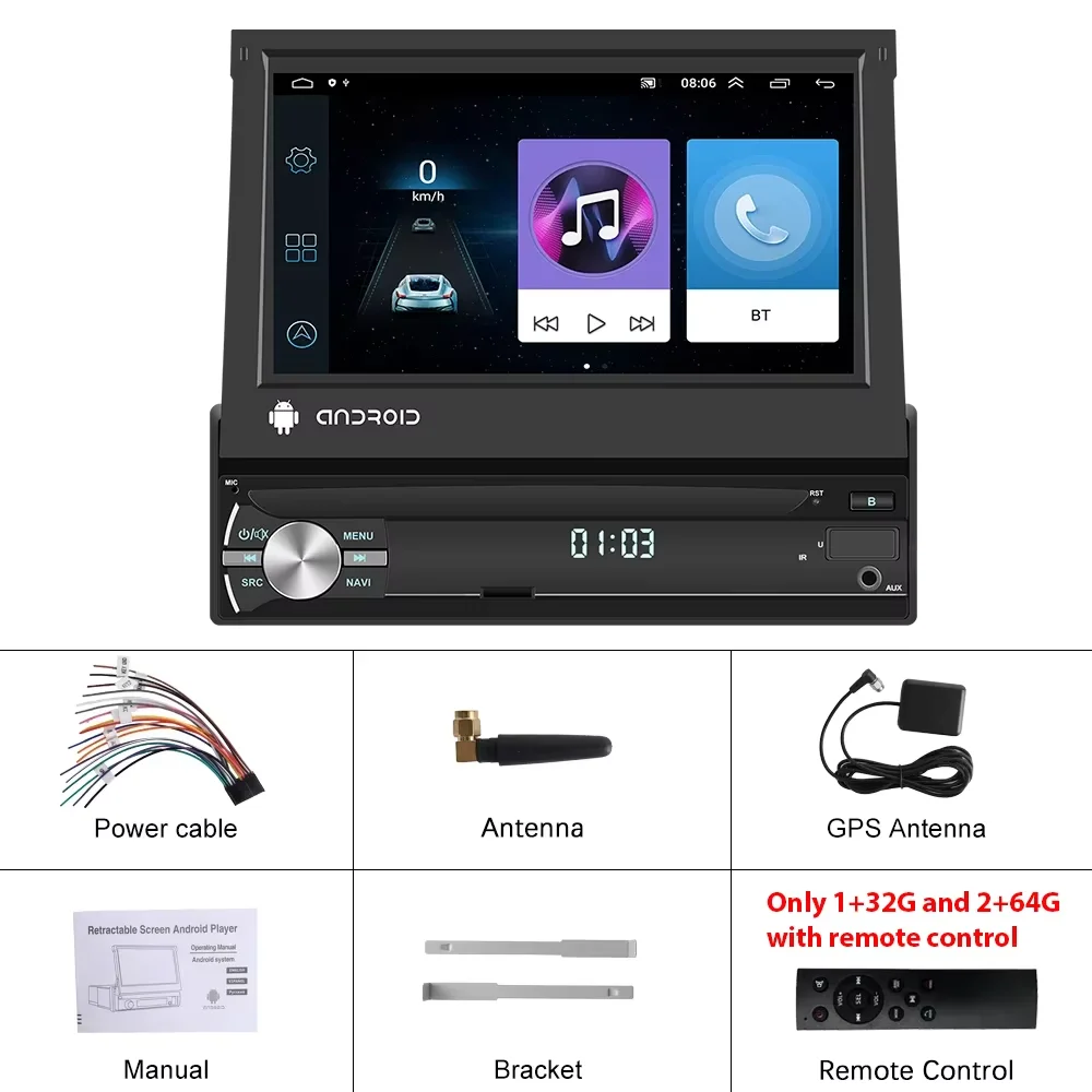 Podofo-REPRODUCTOR Multimedia con pantalla retráctil para coche, autorradio estéreo 1DIN de 7 pulgadas, 8 + 128G, 8 núcleos, Carplay, Android, WIFI, navegación GPS 6