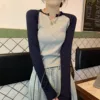 Slim Fit Long Sve T-irt Women's Faion Design Sensation Color Blo f Open Collar Student Appropriate Early Autumn N...